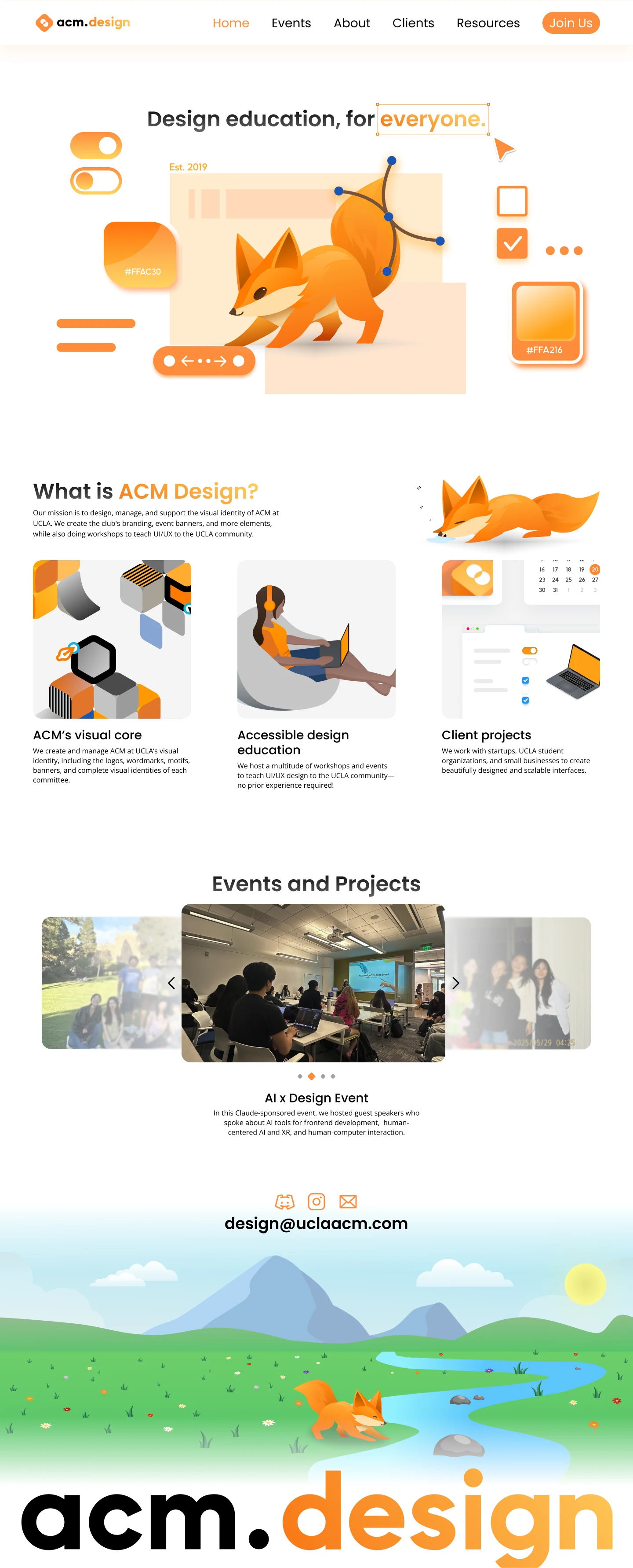 Final ACM Design homepage with the fox mascot in the hero and a custom footer illustration