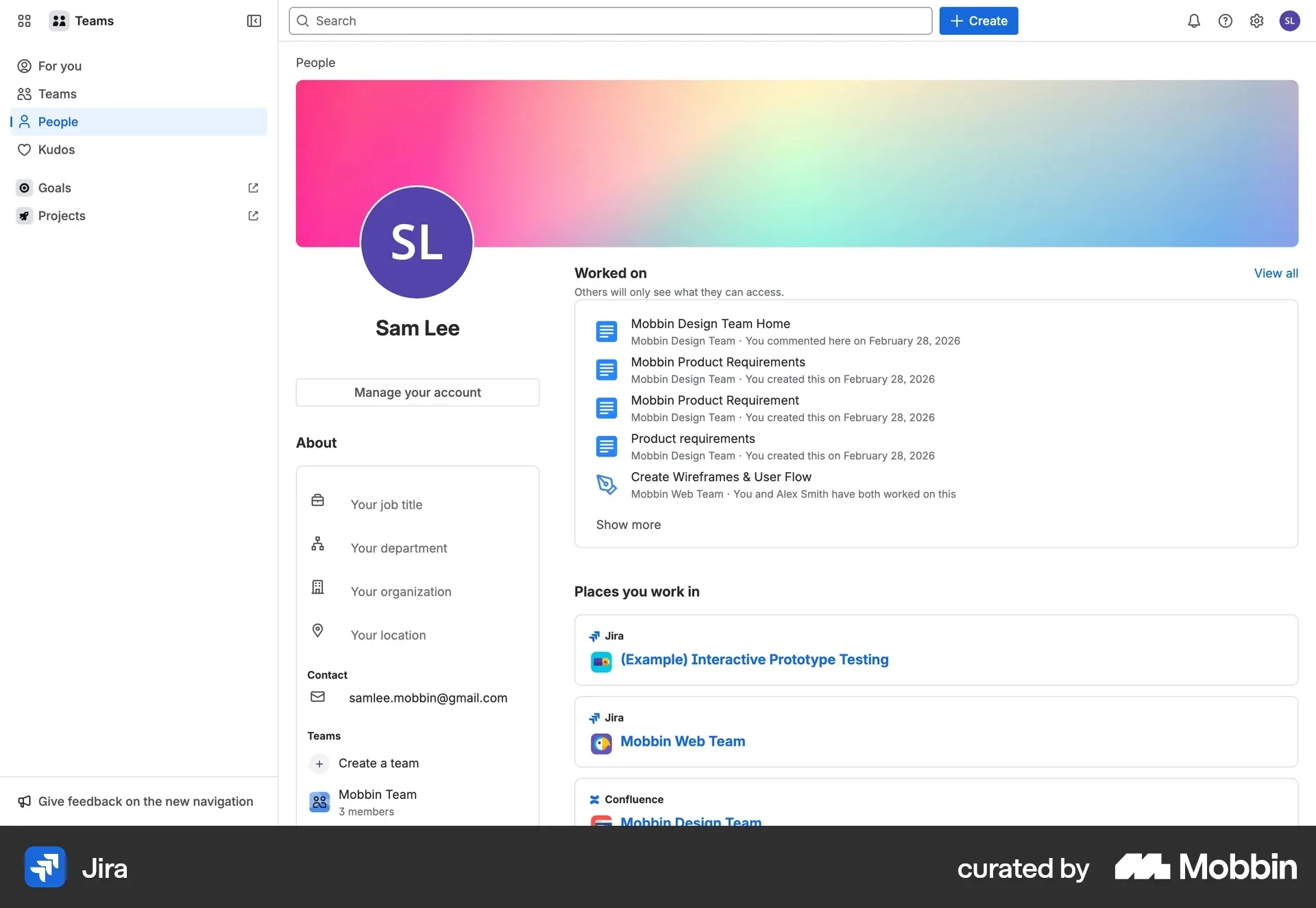 Atlassian's team directory profile page, showing a focused identity card next to a recent activity feed