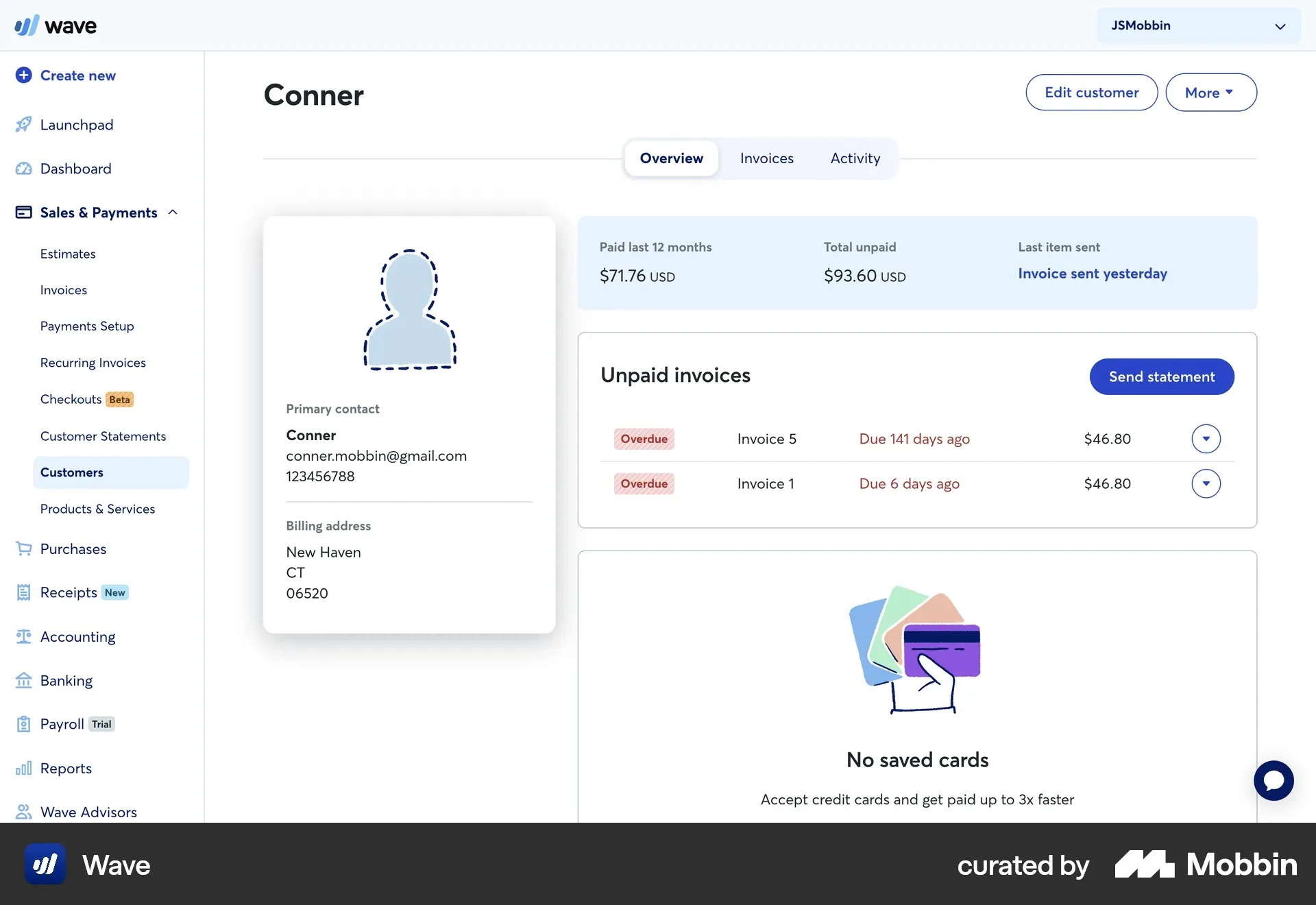 Wave's customer profile page, showing a compact identity card next to an account summary bar