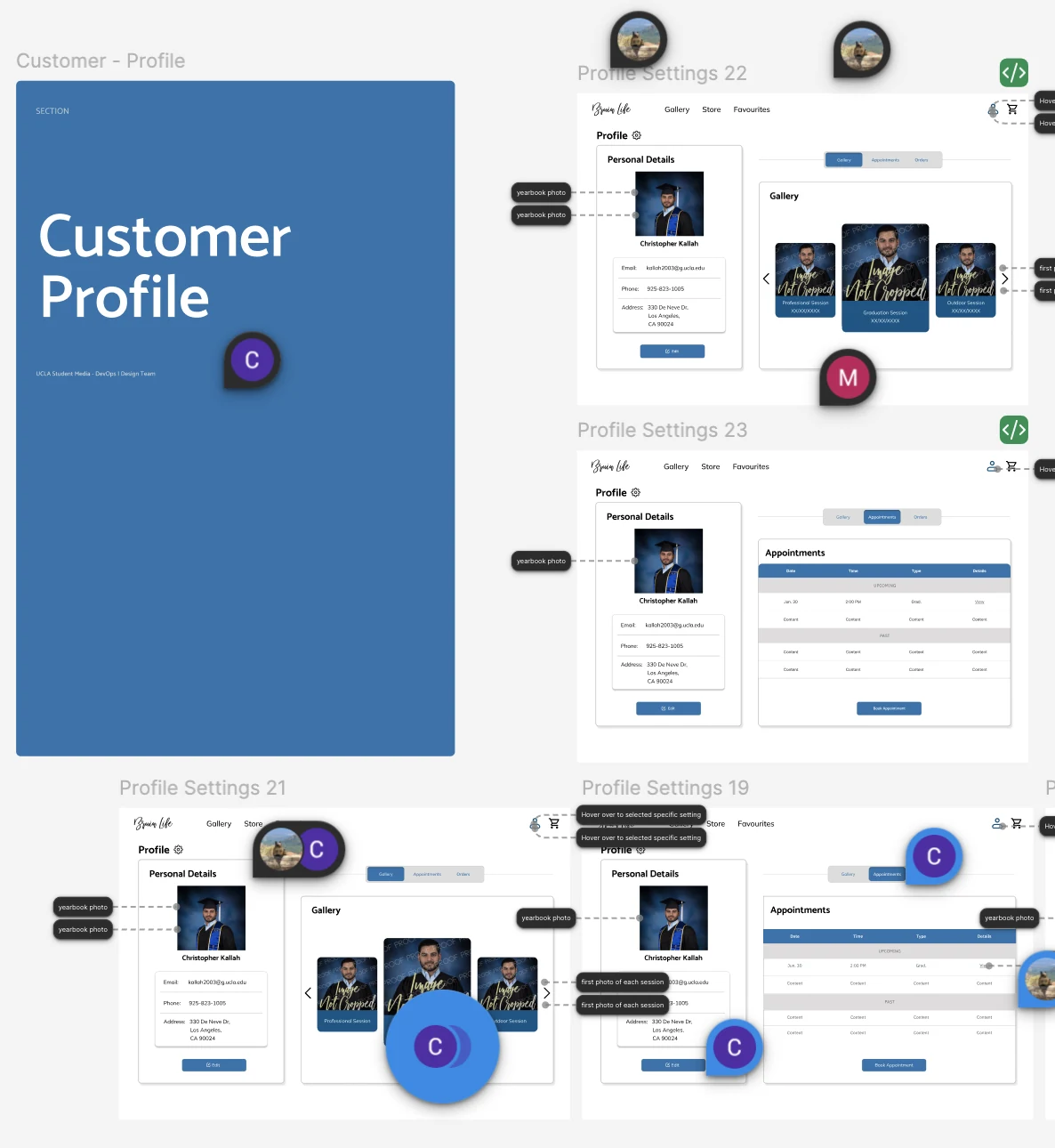 Customer Profile design file, showing the section cover and multiple Profile Settings design iterations