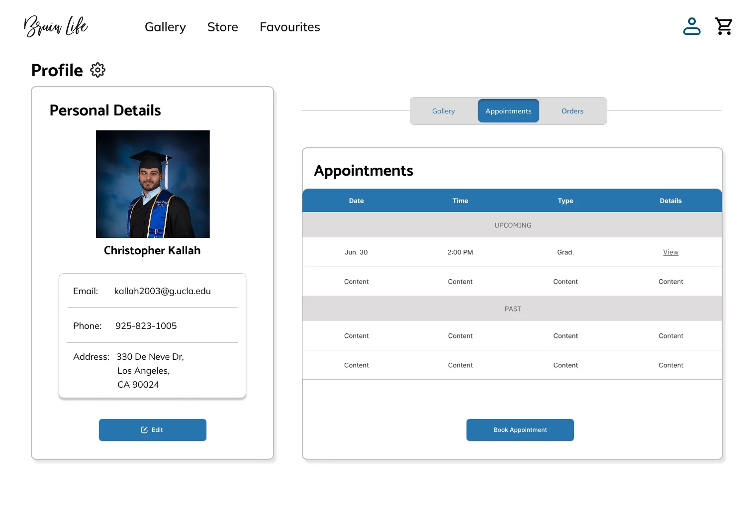 Redesigned BruinLife profile page with the Appointments tab selected in the new tabbed bar