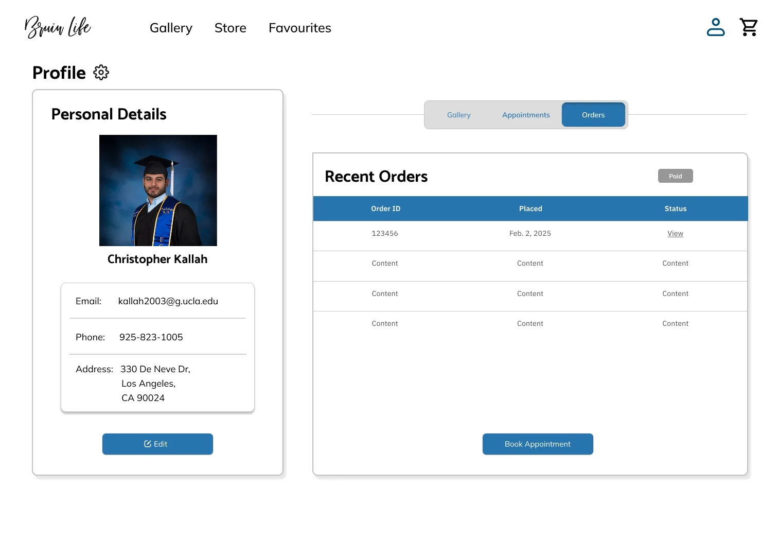 Redesigned BruinLife profile page with the Orders tab selected in the new tabbed bar