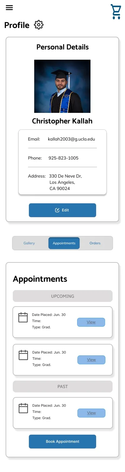 Early mobile profile screen with pinned details, Appointments tab selected