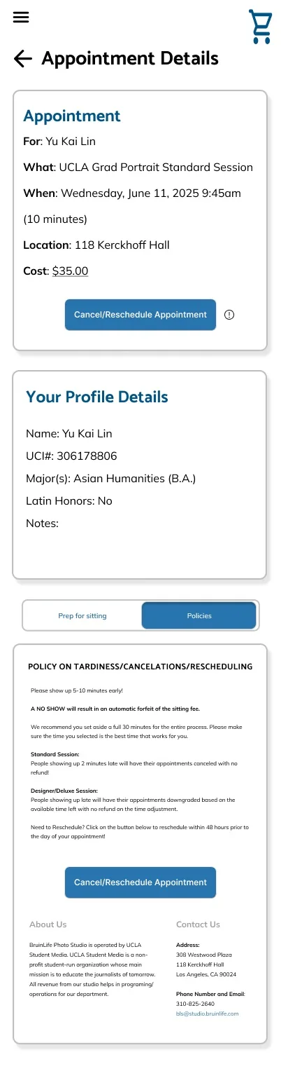 Appointment details screen, Policies tab selected