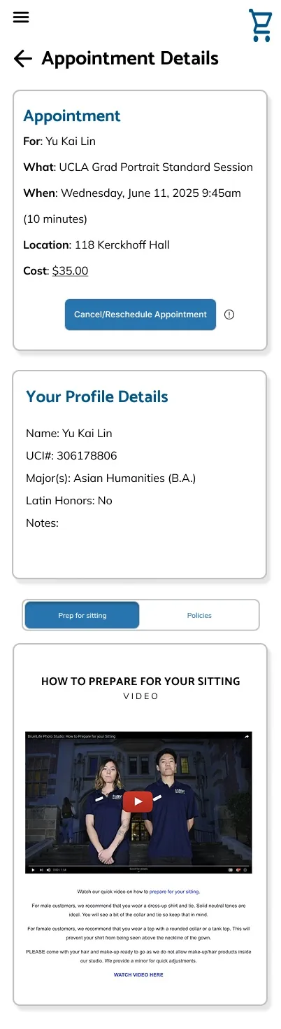 Appointment details screen, Prep for Sitting tab selected