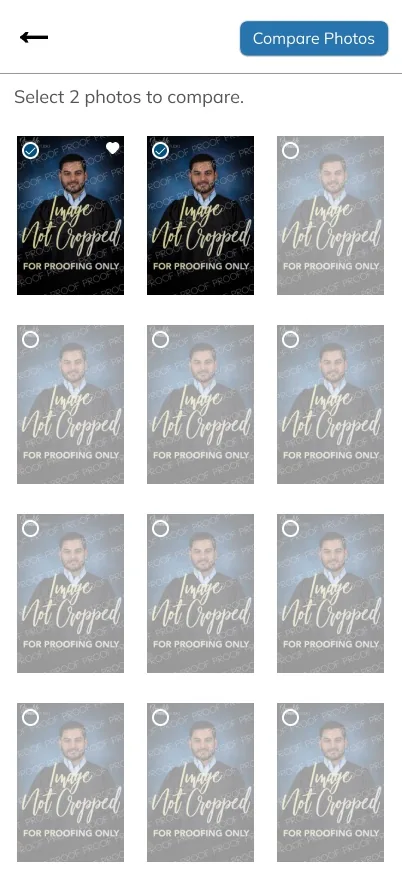 Compare photos grid, two photos selected and Compare Photos button active