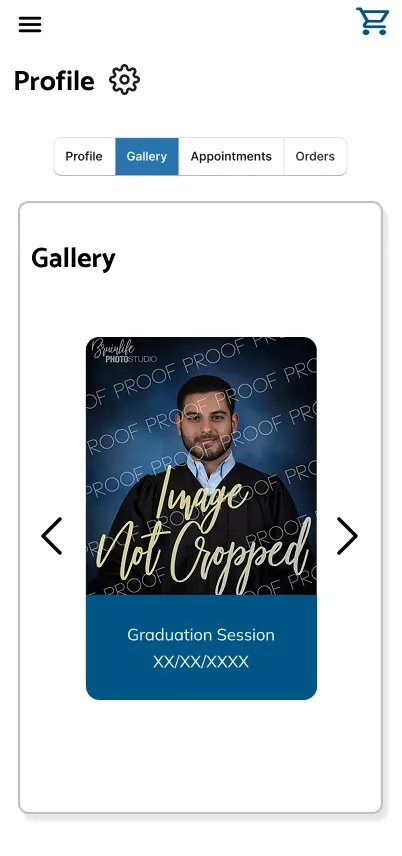 Final mobile profile screen, Gallery tab selected