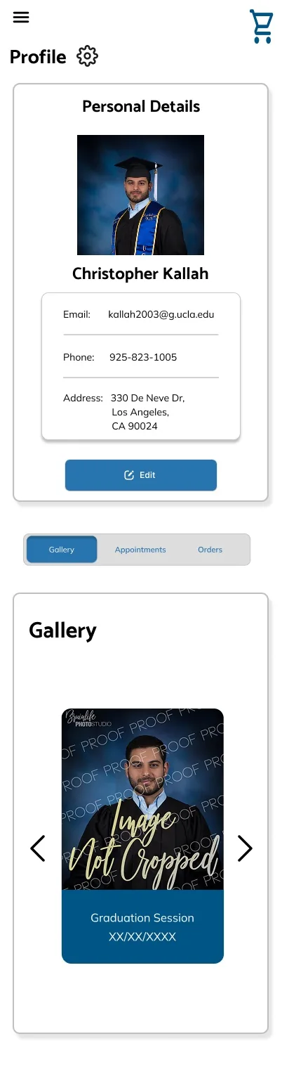 Early mobile profile screen with pinned details, Gallery tab selected