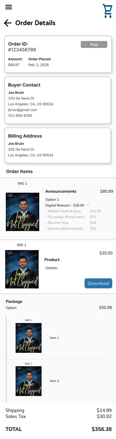 Single order detail screen with buyer contact and line-item breakdown