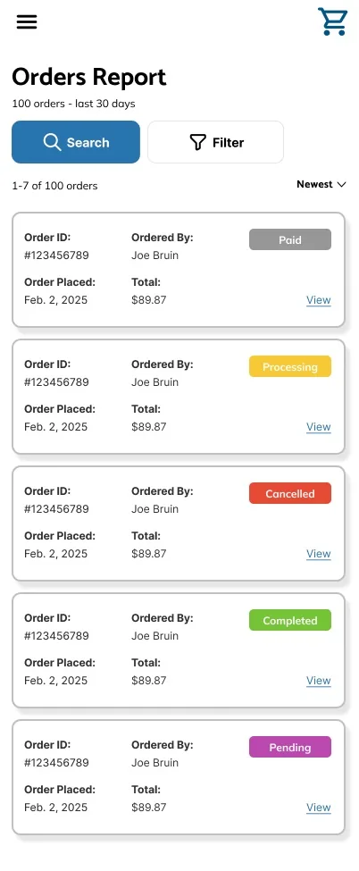 Orders report screen with search, filter, and status badges