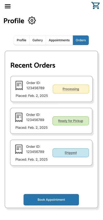 Final mobile profile screen, Orders tab selected