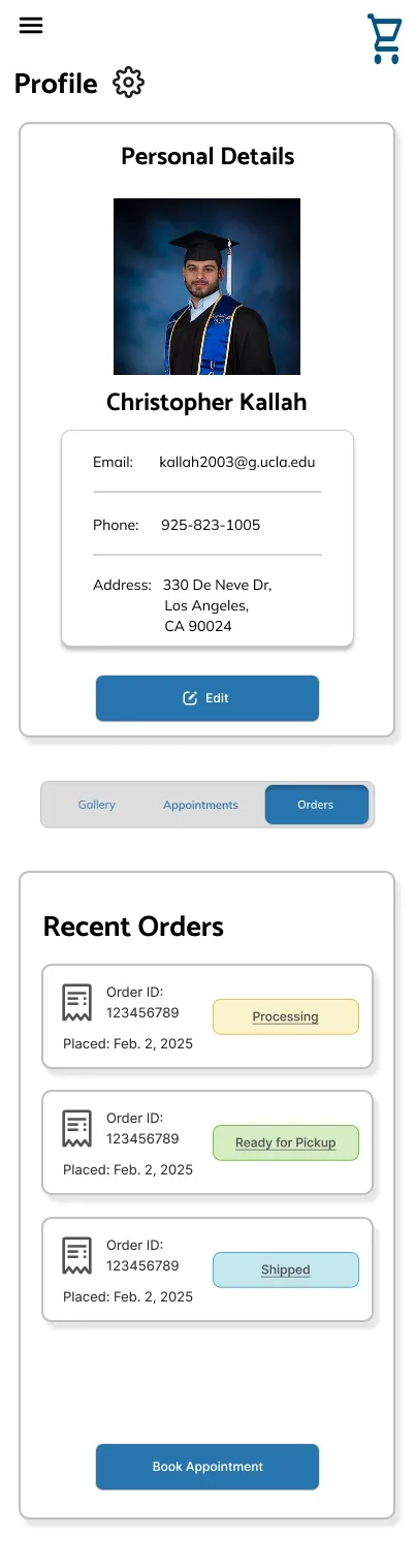 Early mobile profile screen with pinned details, Orders tab selected