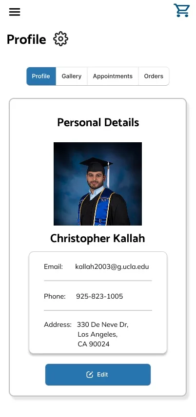 Final mobile profile screen, Profile tab selected