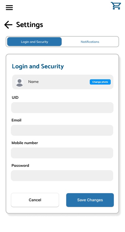 Account settings screen, Login and Security tab selected