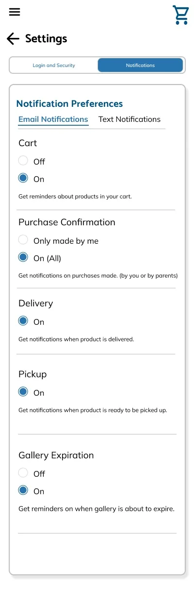 Account settings screen, Notifications tab selected