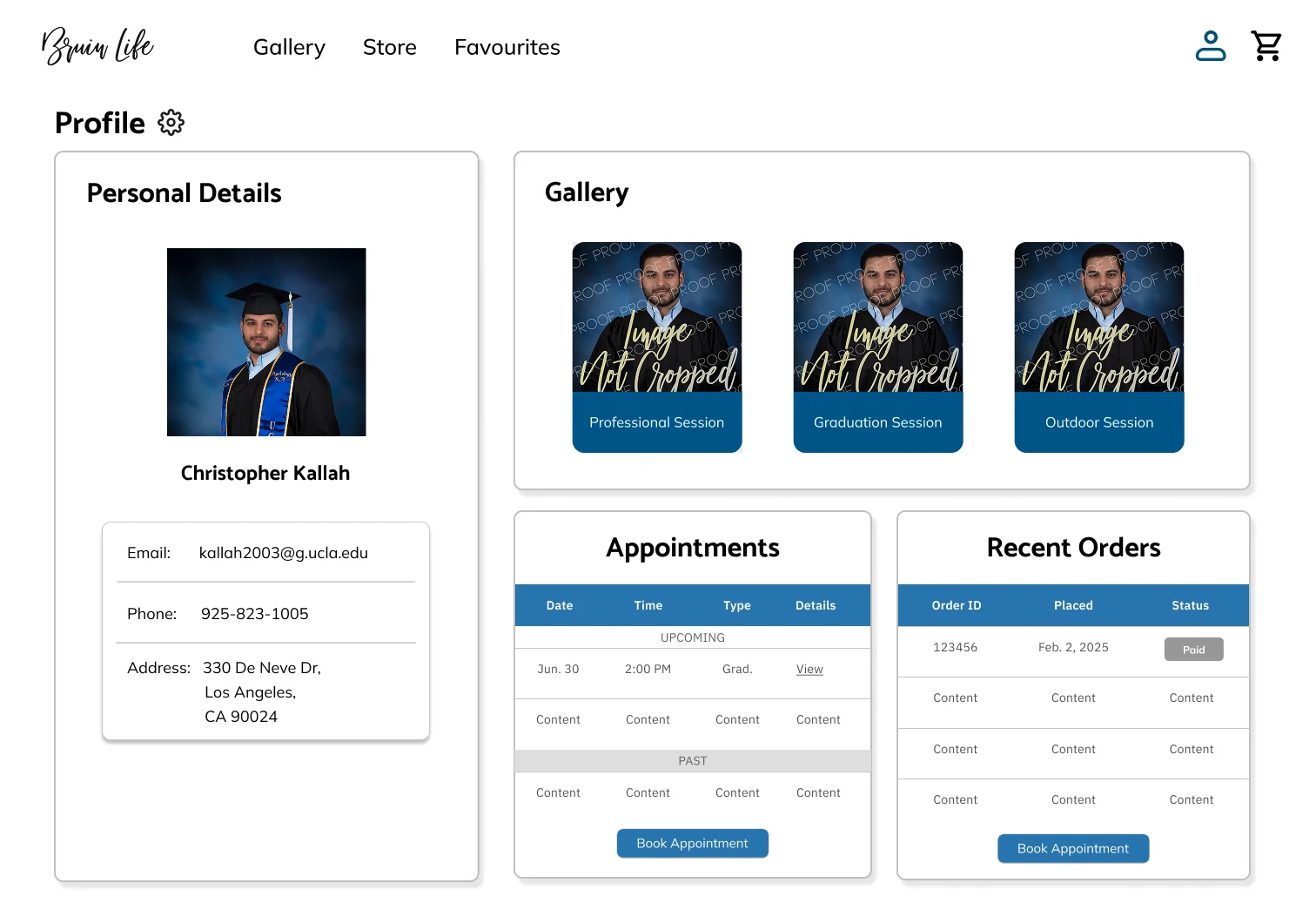 Old customer profile: personal details, gallery, appointments and orders crammed into one dense view