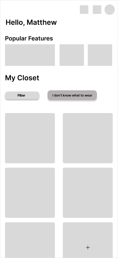 Earlier closet wireframe before the final button treatment
