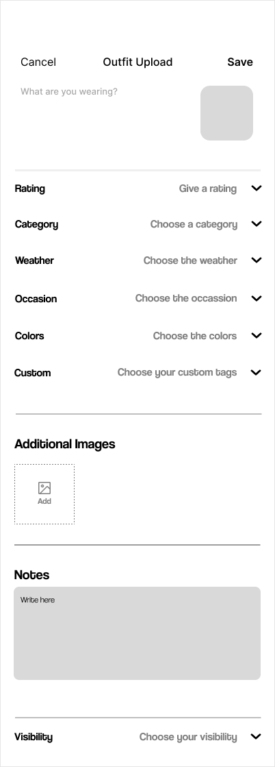 Initial tagging system wireframe: rating, category, weather, occasion, color and custom tags as dropdowns